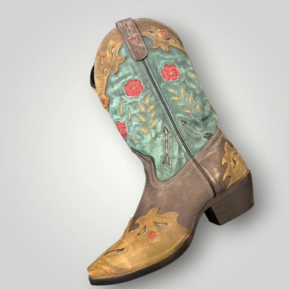 Laredo Miss Kate Floral Inlay Snip Toe Cowgirl Boots 52138 Size 7M Teal